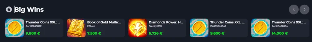 FelixSpin live big wins leaderboard showing recent player payouts.